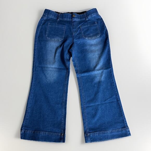 Women’s Pull-On Wide Leg Jeans Size L Elastic Waist Stretch Denim Dark Wash - Picture 1 of 7
